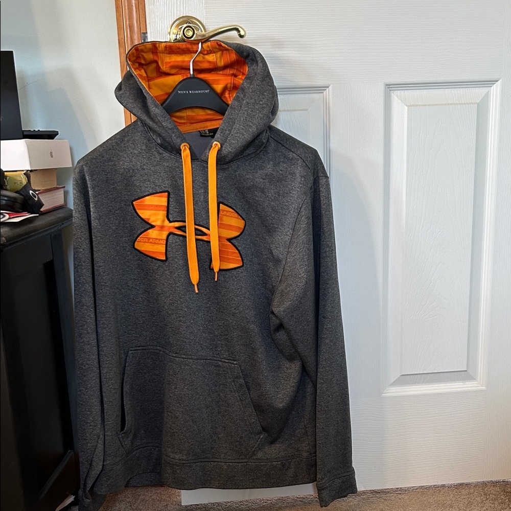 Under Armour Men’s Dark Gray Hoodie with Orange Logo and Drawstrings